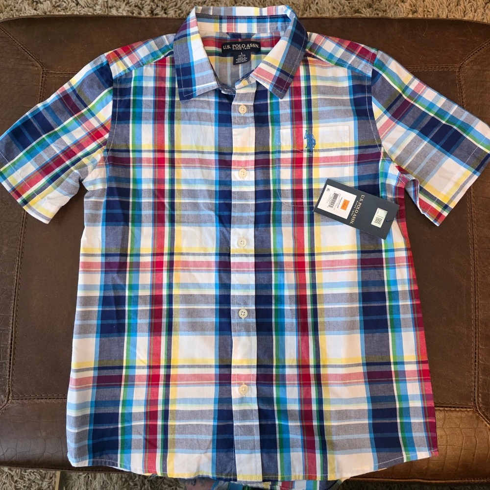 U.S.‎ Polo Assn Shirt Boys L 10/12 Multicolor Poplin Plaid Short Sleeve Button